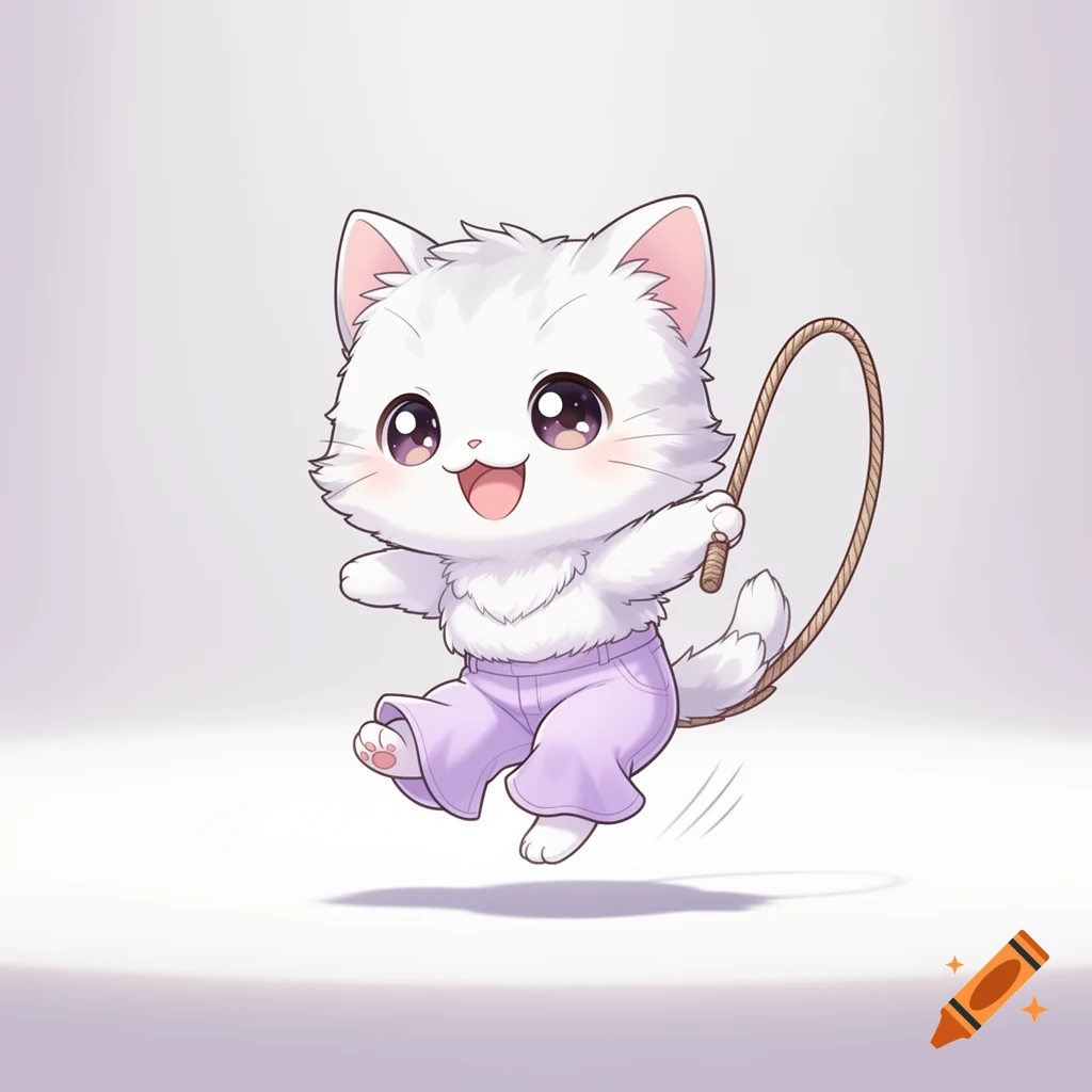 A cute chibi white cat in purple bell-bottoms happily jumps rope in a whimsical illustration.