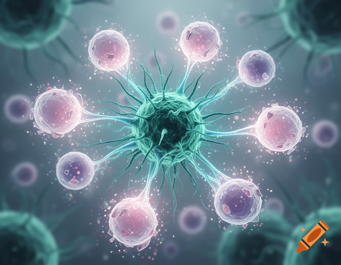 A detailed microscopic illustration of a green NK cell with tendrils interacting with multiple pink and purple spherical cells.