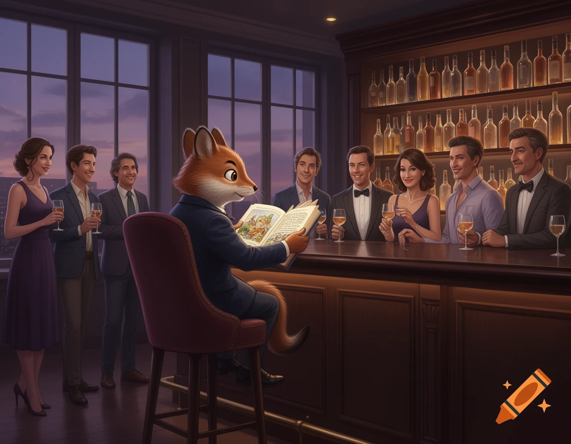 An anthropomorphic fox in a suit reads a book to a group of well-dressed adults at a bar, with city lights visible through large windows.