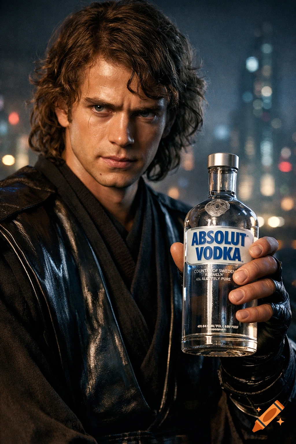A man resembling Anakin Skywalker holds a bottle of Absolut Vodka against a blurry night city background.
