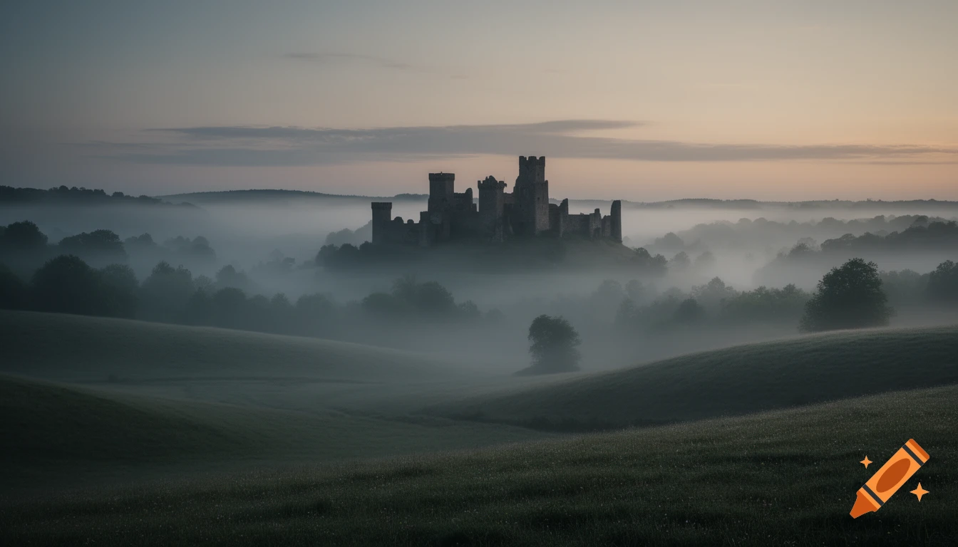 Ancient castle ruins stand silhouetted against a misty dawn sky, surrounded by rolling, fog-shrouded hills in a cinematic style.