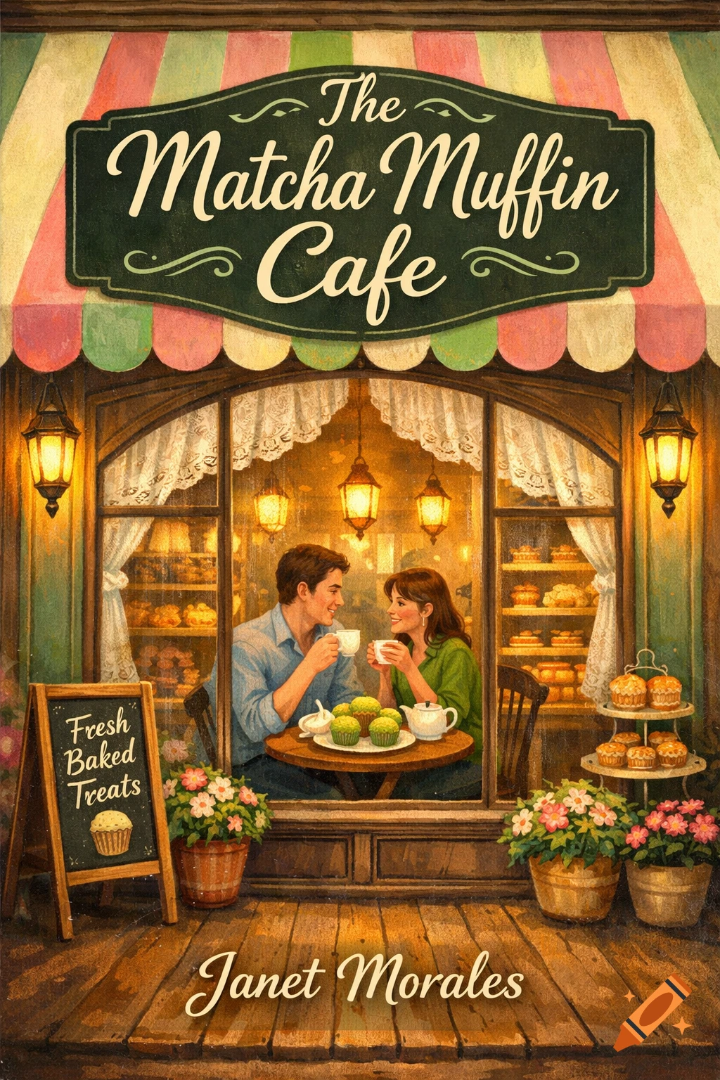 Illustration of a cozy bakery storefront with 'The Matcha Muffin Cafe' sign. A couple sits inside drinking coffee, surrounded by baked goods.