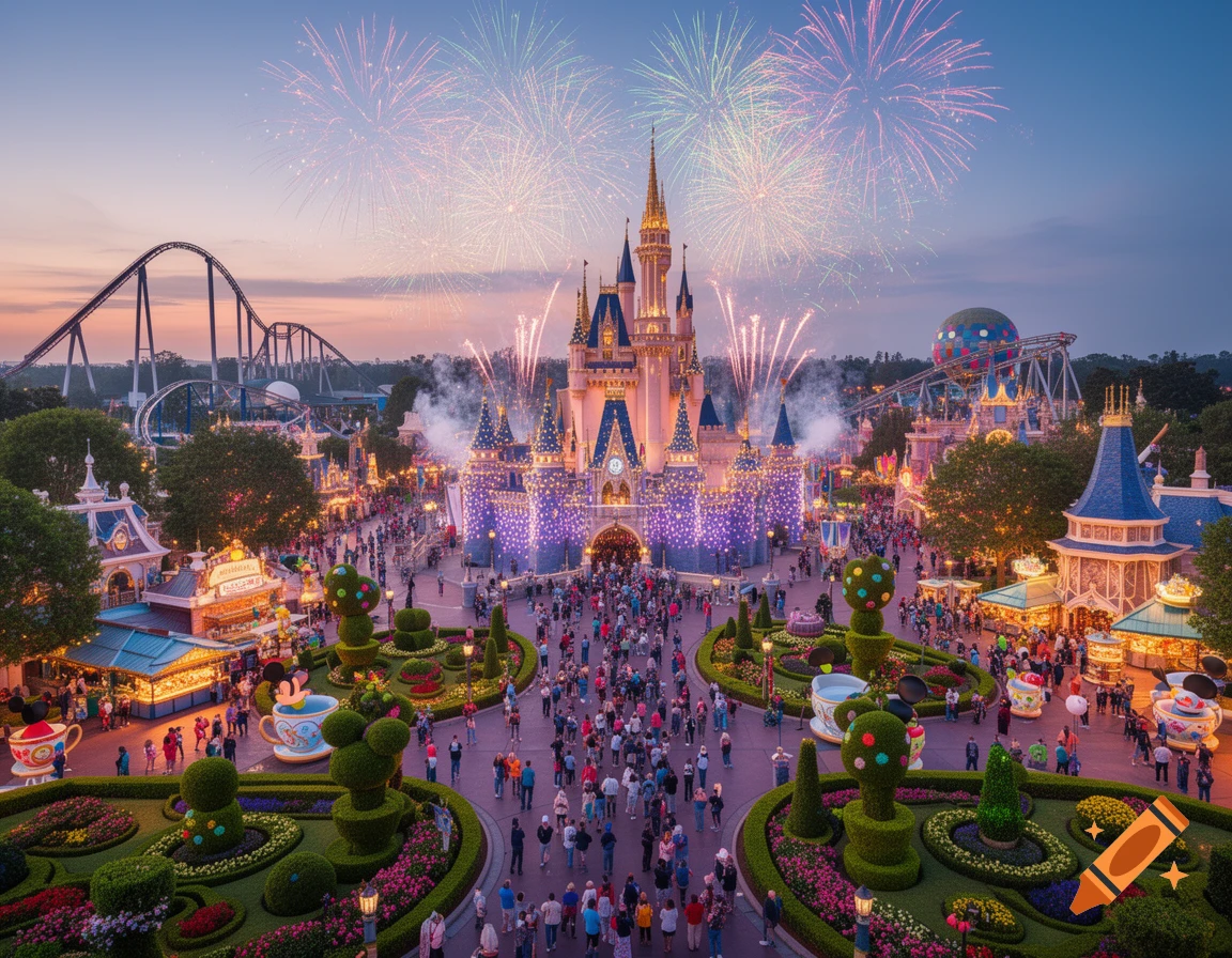Aerial view of a bustling amusement park at dusk, with a large, ornate castle illuminated in purple, and fireworks exploding in the sky. Crowds fill the pathways lined with manicured gardens and various attractions.