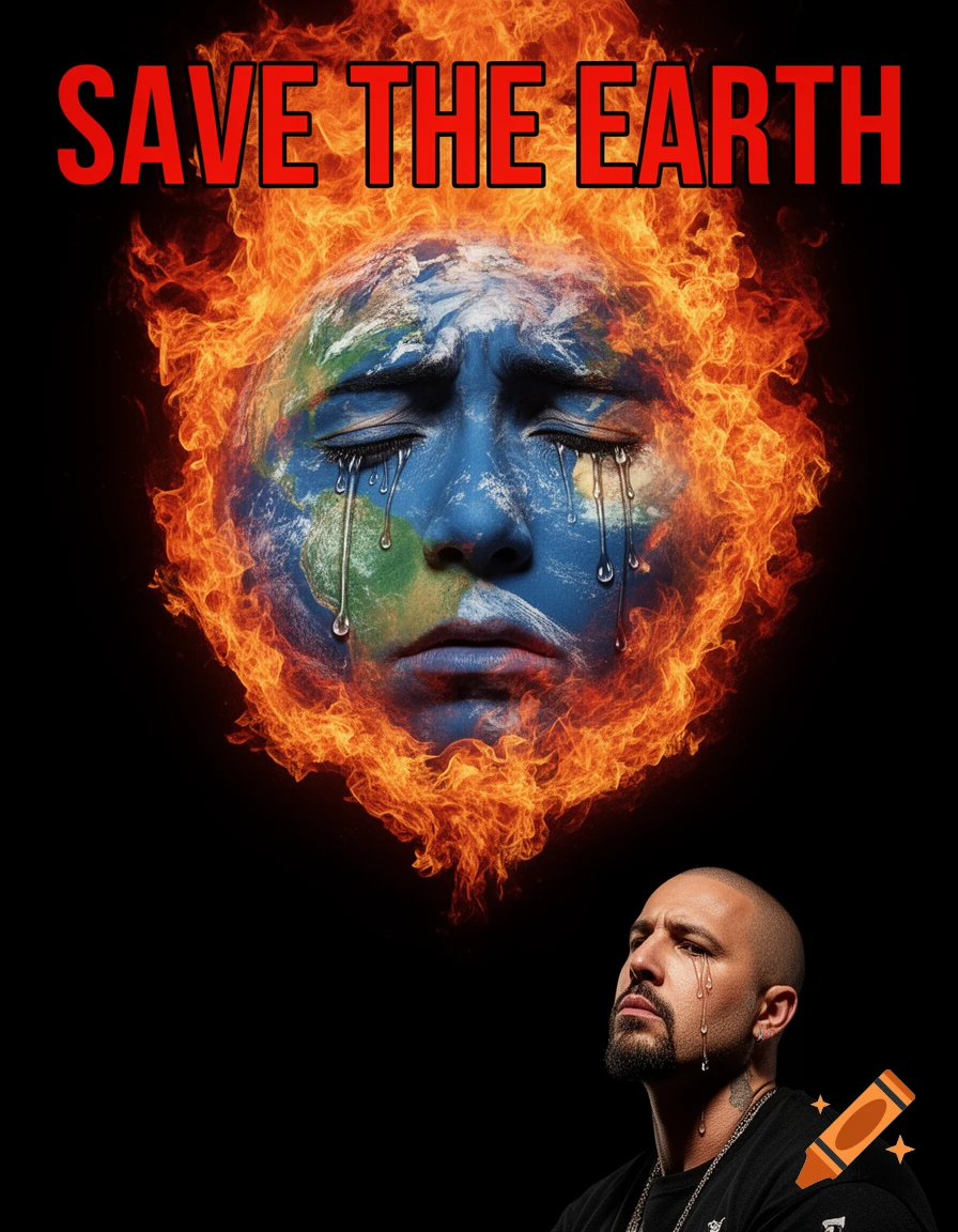 A man cries looking at a fiery, crying Earth with 'SAVE THE EARTH' text against a black background.