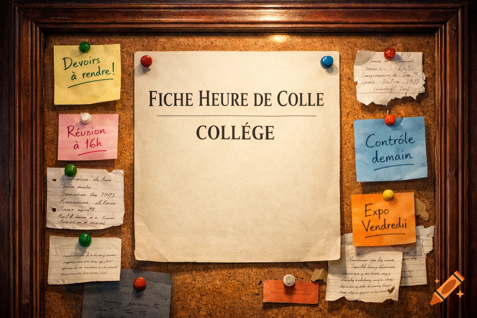 A close-up, top-down view of a cork board filled with various pinned notes and reminders.