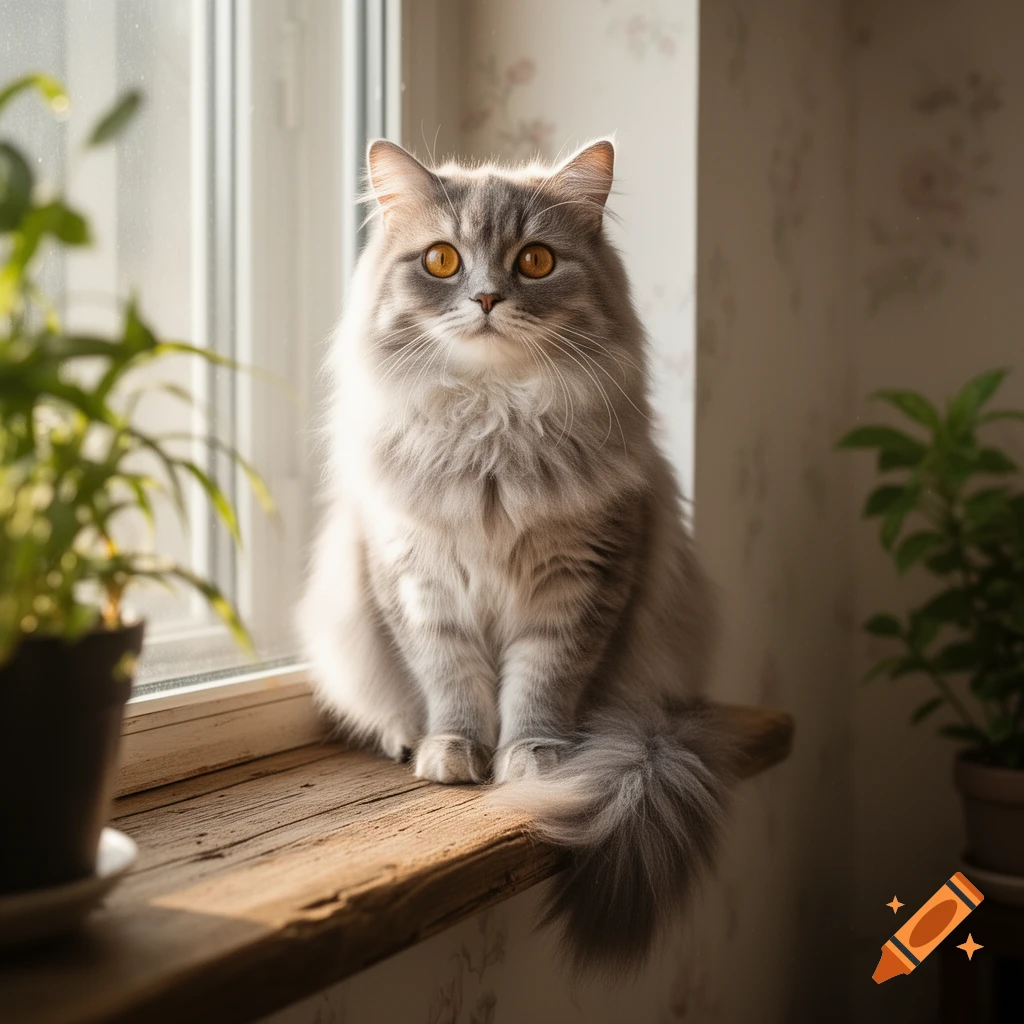 A fluffy grey cat with bright orange eyes sits on a wooden windowsill ...