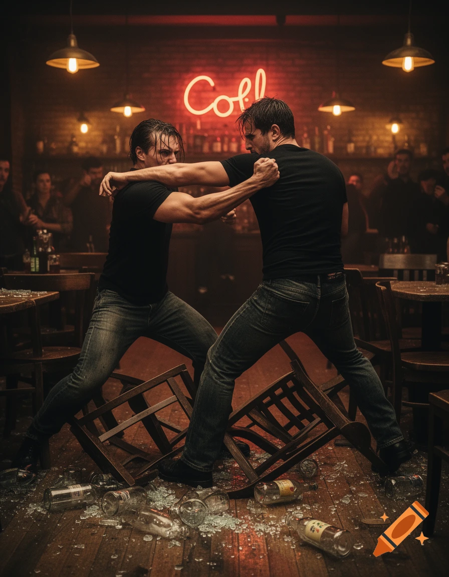 Two men fight aggressively in a dimly lit bar, surrounded by broken glass and overturned chairs, under a neon "Coff" sign.