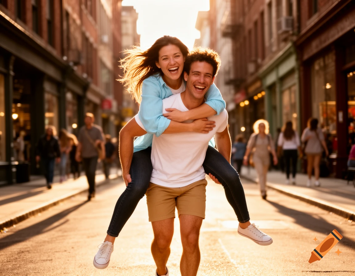 A smiling woman on a man's back, piggyback riding down a sunlit city street with buildings in the background.