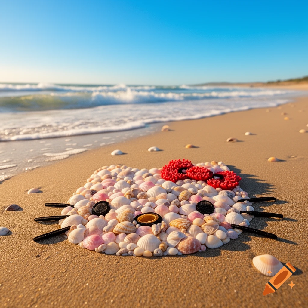 A Hello Kitty face made from pink and white seashells on a sandy beach with ocean waves under a clear blue sky.