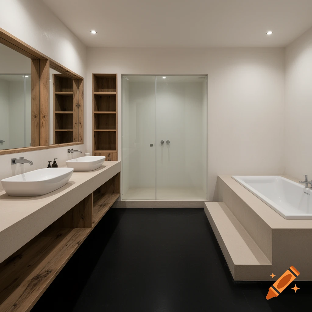 A modern bathroom with a double vanity, wooden shelving, glass shower, bathtub with steps, and black floor.