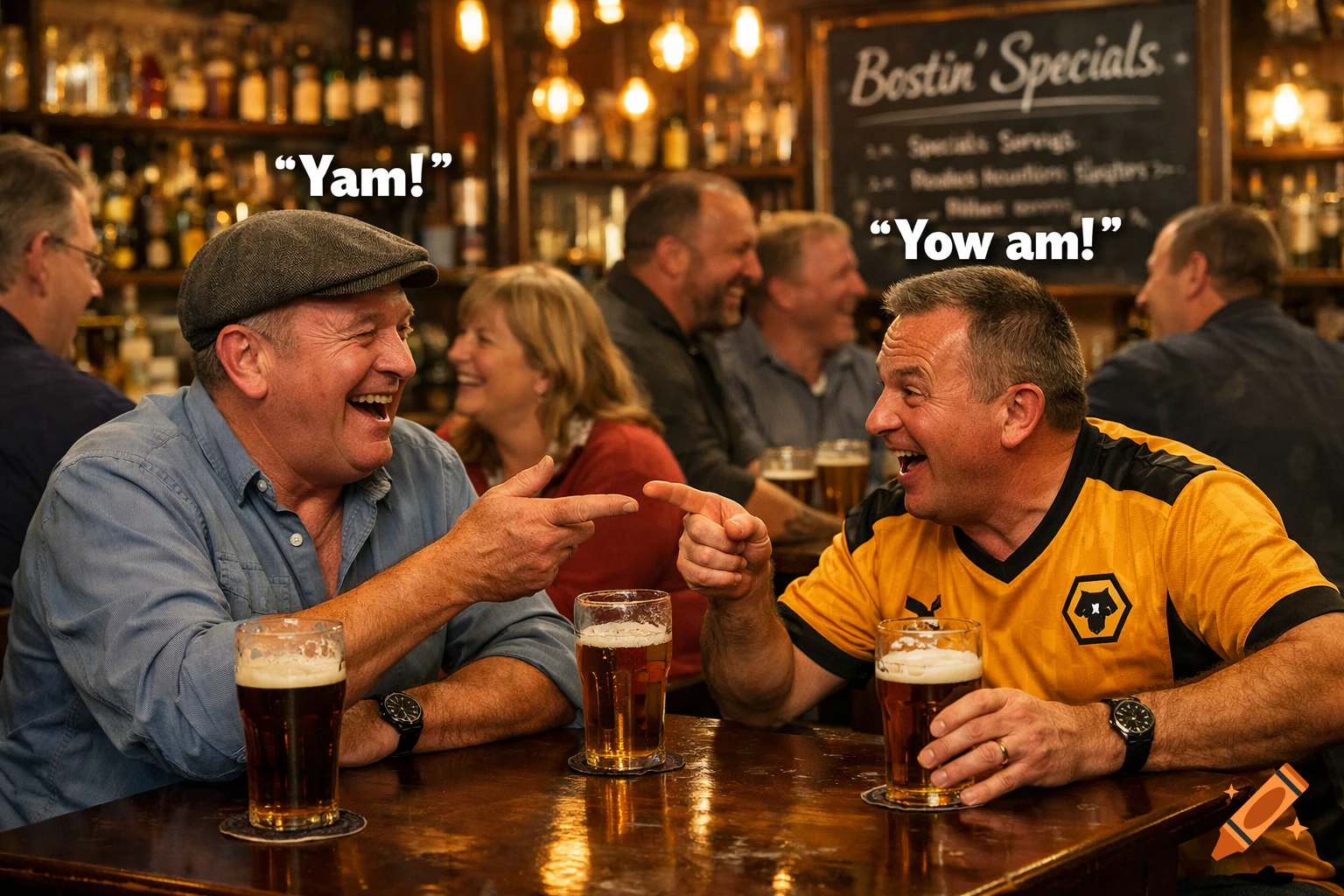 Two laughing men in a pub, one in a flat cap and the other in a yellow football shirt, point at each other with pints of beer on the table.