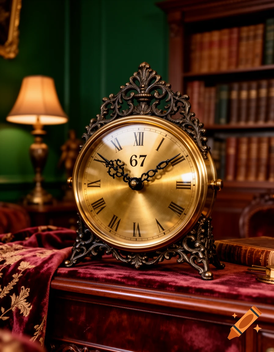Ornate gold and bronze clock with '67' on its face, sitting on red velvet in a dim, classic study with a lamp and bookshelves.