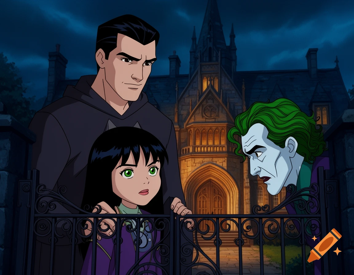 Animated Bruce Wayne and a girl behind a gate, facing a Joker-like figure in front of a gothic manor at night.