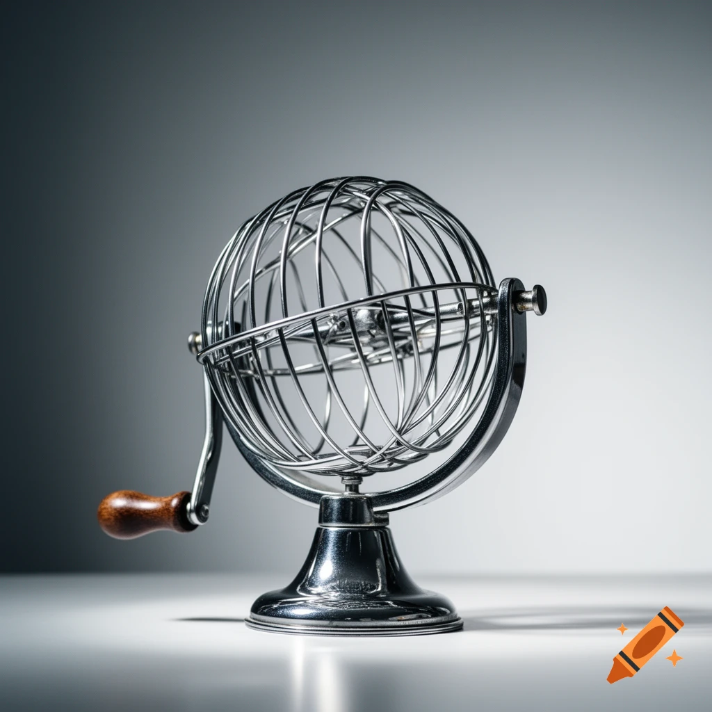 A shiny metal bingo hopper with a wooden crank handle, centered against a plain gray background.