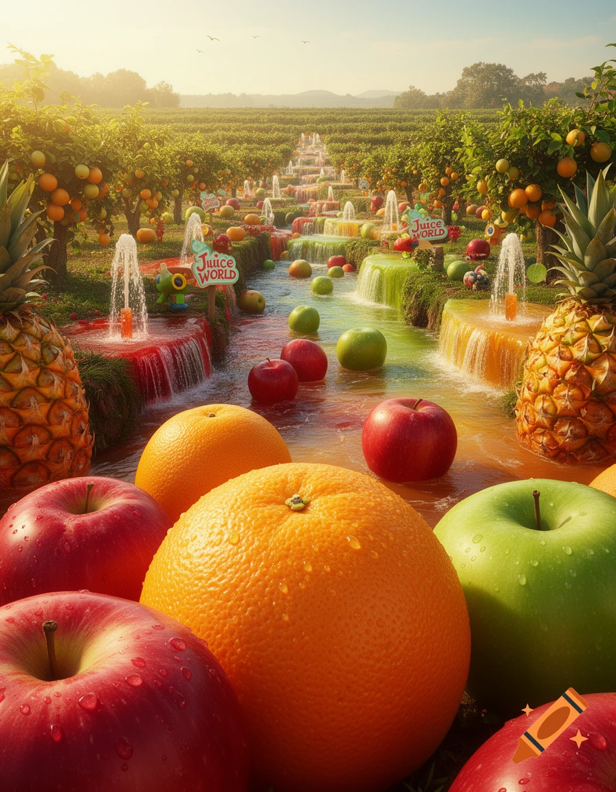 Vibrant fantasy landscape with large, wet apples, oranges, and pineapples. Colorful juice rivers flow through an orchard with fountains.