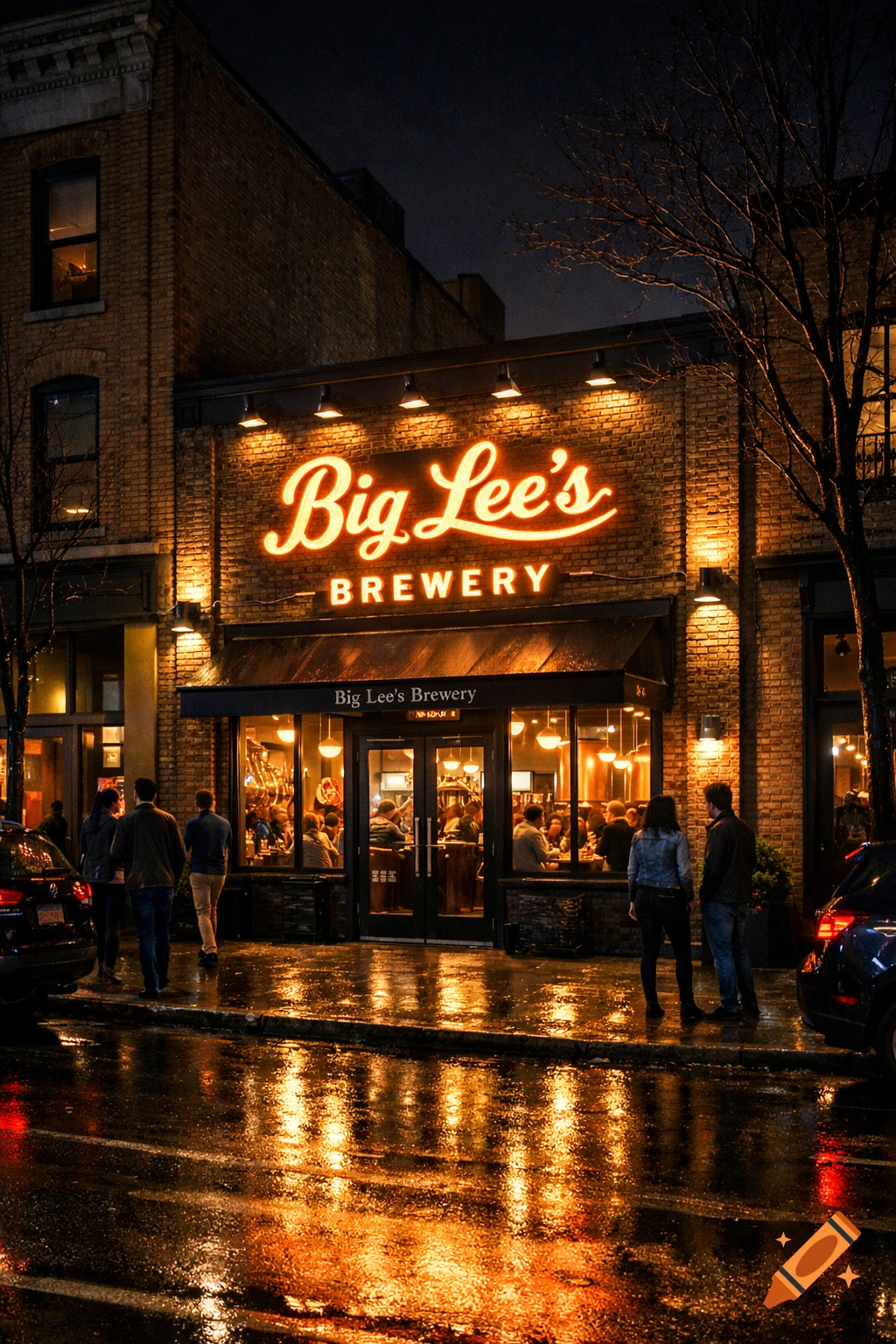 Photorealistic night view of Big Lee's Brewery with neon signs, people walking, and reflections on wet streets.
