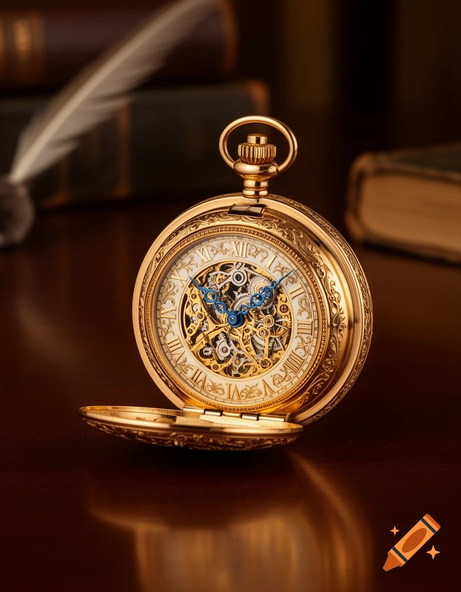 A close-up, photorealistic image of an ornate gold pocket watch with a visible mechanical movement, a quill pen, and books on a wooden desk.