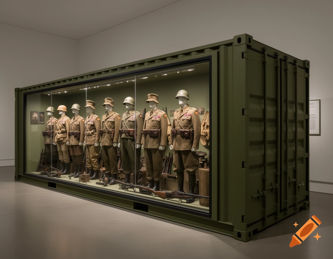 Photorealistic image of an olive drab shipping container used as a museum showcase, displaying several mannequins in WW2 military uniforms and gear.