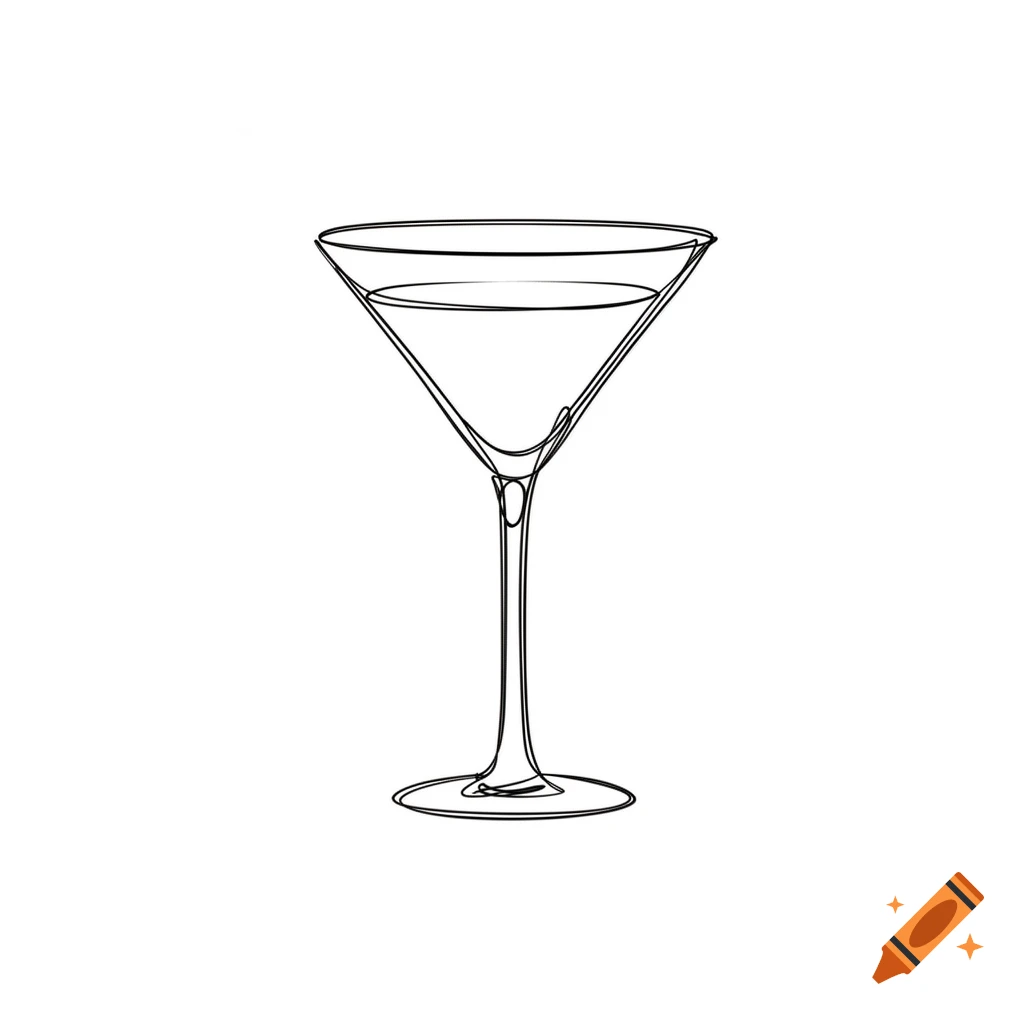 Simple fine line drawing of a martini glass with liquid, on a white background.