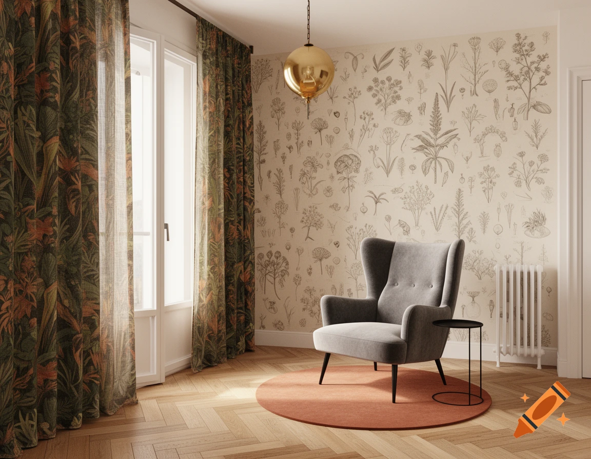 Photorealistic 3D render of a cozy room with a grey wing chair, terracotta rug, botanical wallpaper, jungle curtains, and a gold pendant light.