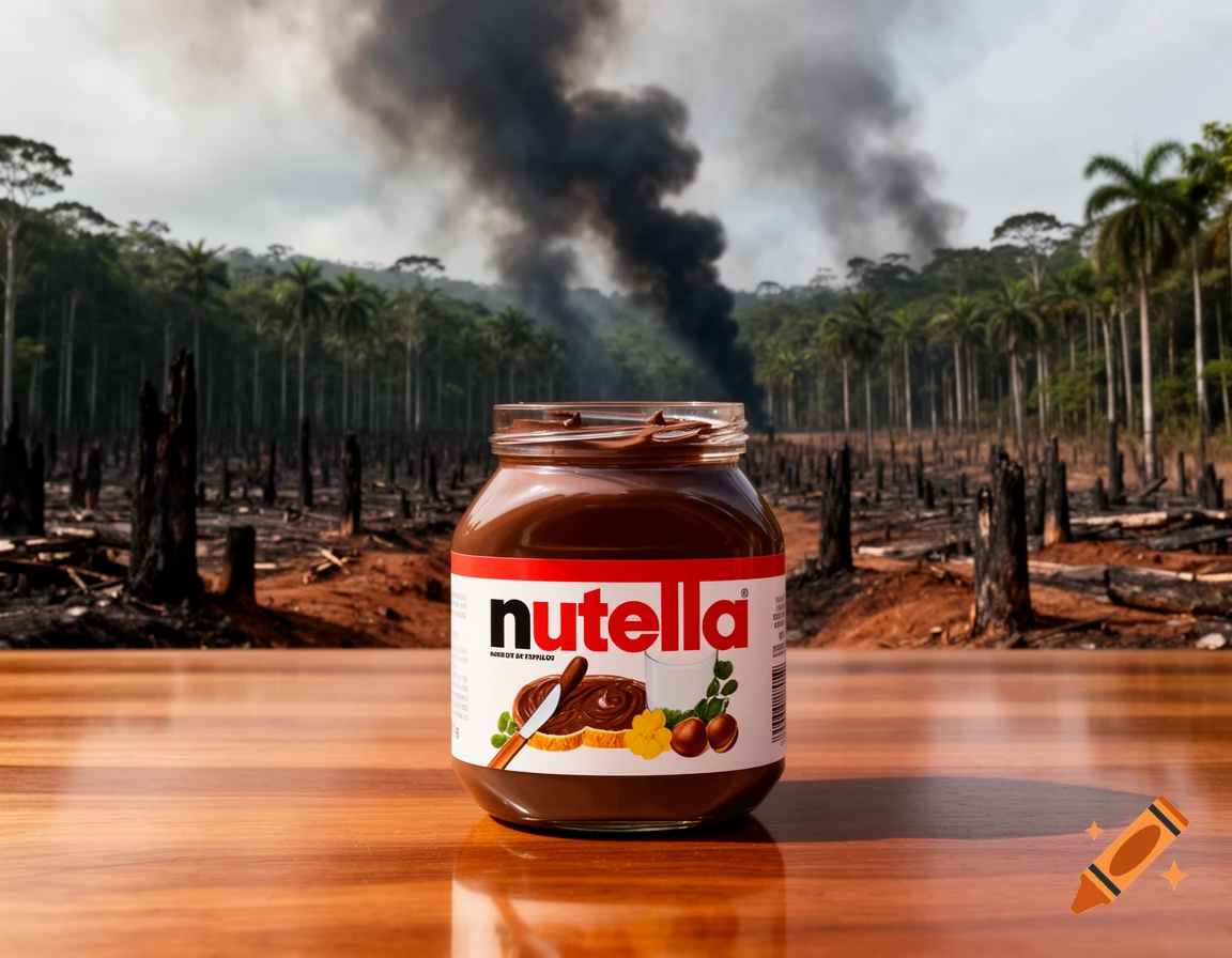 A jar of Nutella sits on a wooden table in front of a burning tropical forest, showing deforested land and dark smoke.