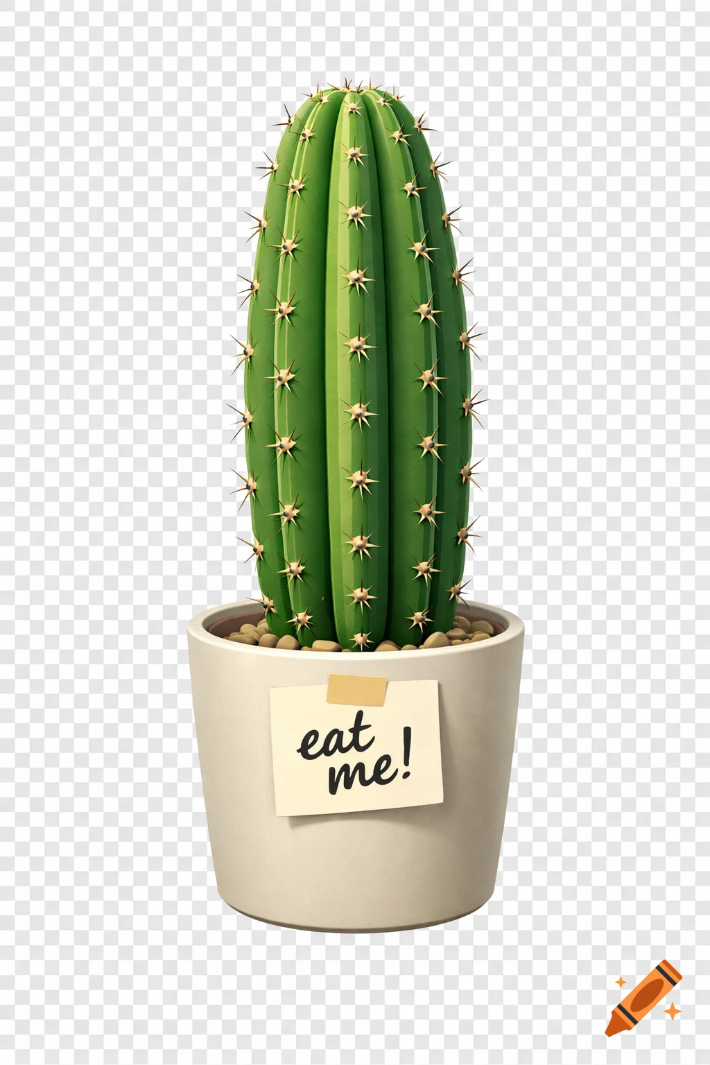 A semi-realistic digital illustration of a green San Pedro cactus in a neutral pot with a note saying 'eat me!'.