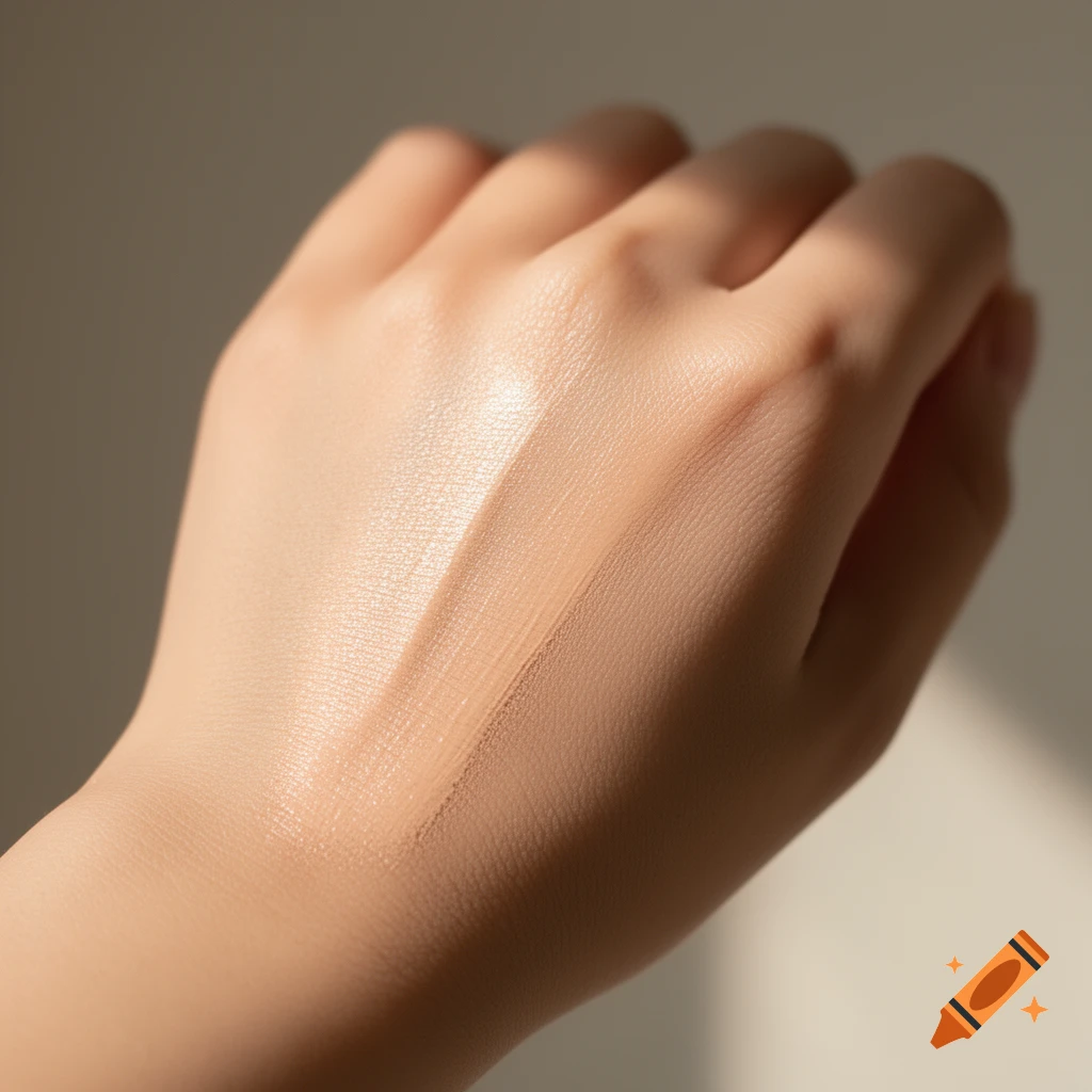 Close-up of a hand with BB cream partially blended on the back, showing smooth and natural skin tone.