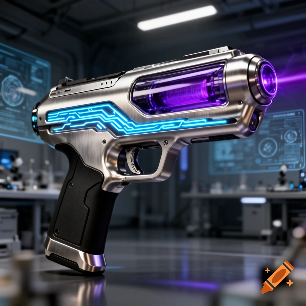 A futuristic silver and black laser void gun with glowing blue circuitry and a purple energy core, in a blurred sci-fi laboratory.
