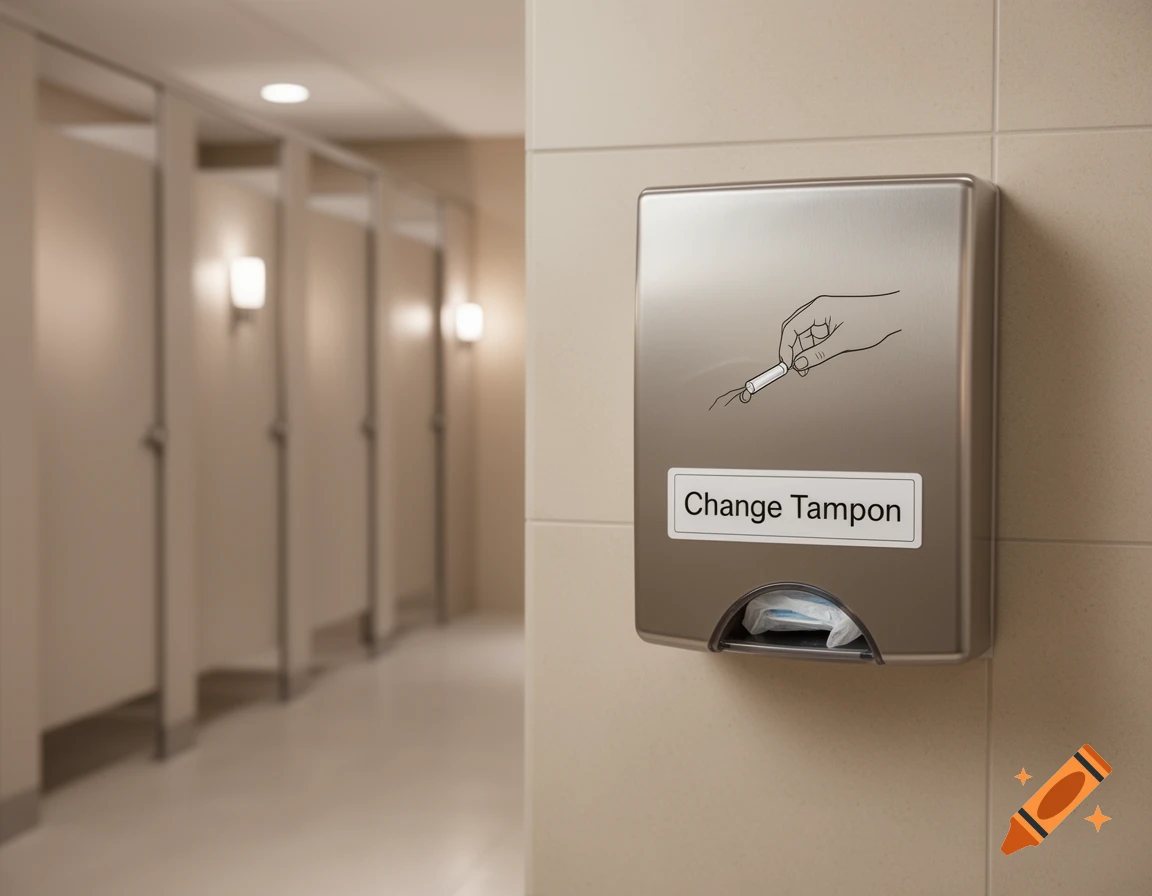 A close-up of a stainless steel tampon dispenser with the text 'Change Tampon' on a tiled wall in a public restroom.