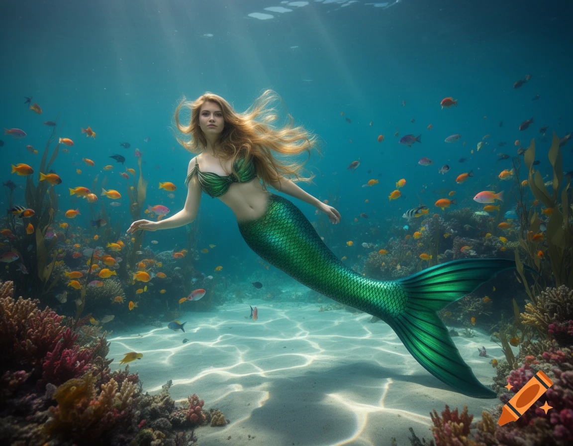 Photorealistic mermaid with flowing red hair and green tail swimming in clear blue water with colorful fish and coral.