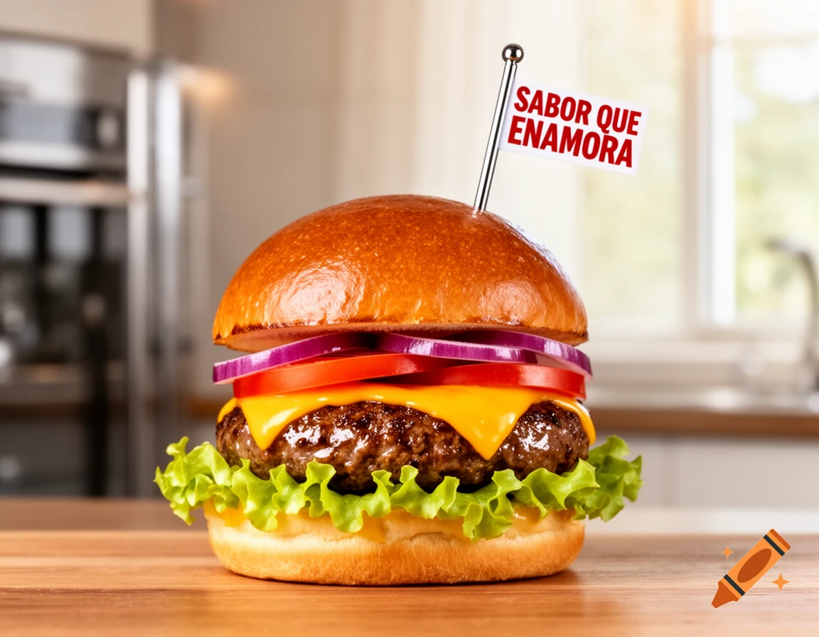 Photorealistic hamburger with cheese, lettuce, tomato, and onion, topped with a flag reading "SABOR QUE ENAMORA", on a wooden table in a kitchen.