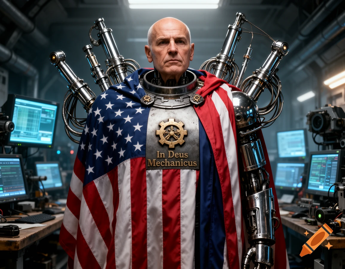 A bald man with cybernetic implants, wearing an American flag as a cape over metallic armor, stands in a dimly lit tech lab.