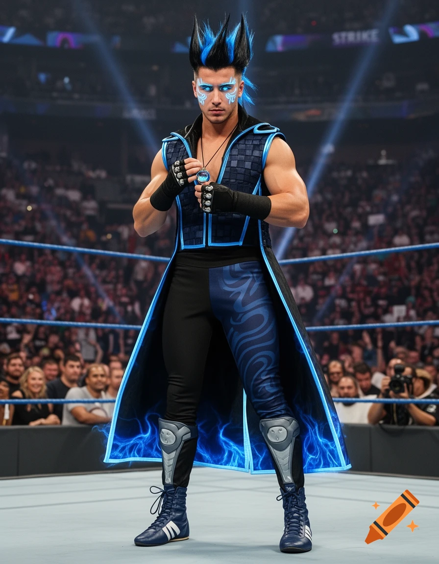 A male wrestler with spiked blue hair, glowing eyes, and blue tribal face paint wears a blue and black costume in a wrestling ring.