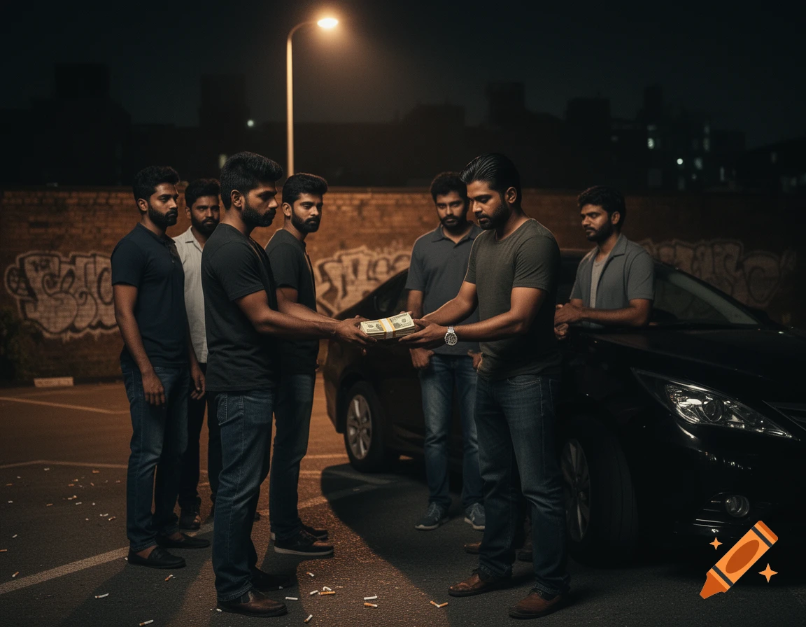 A group of South Asian men conduct a shady cash transaction for a car on a dimly lit city street at night.
