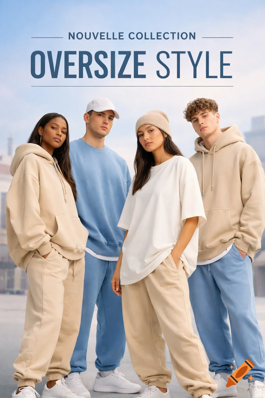 Four diverse models in oversized beige and blue hoodies, sweatshirts, and joggers for a fashion collection poster.