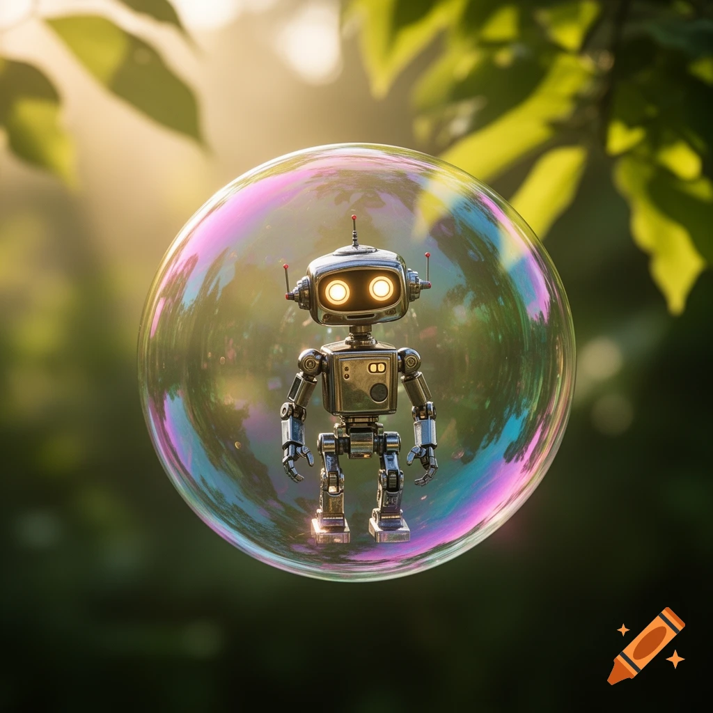 A metallic robot with glowing eyes floats inside a shimmering soap bubble, against a blurred background of green leaves and sunlight.