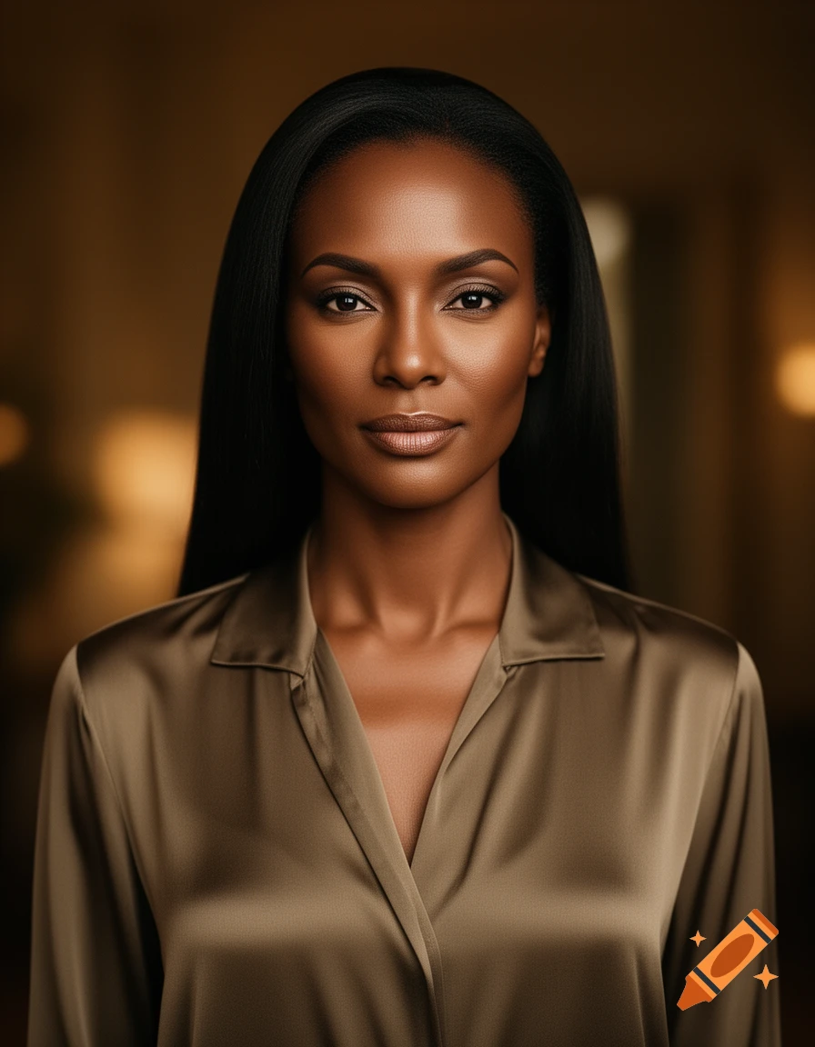 A photorealistic portrait of a woman with dark skin and long black hair ...