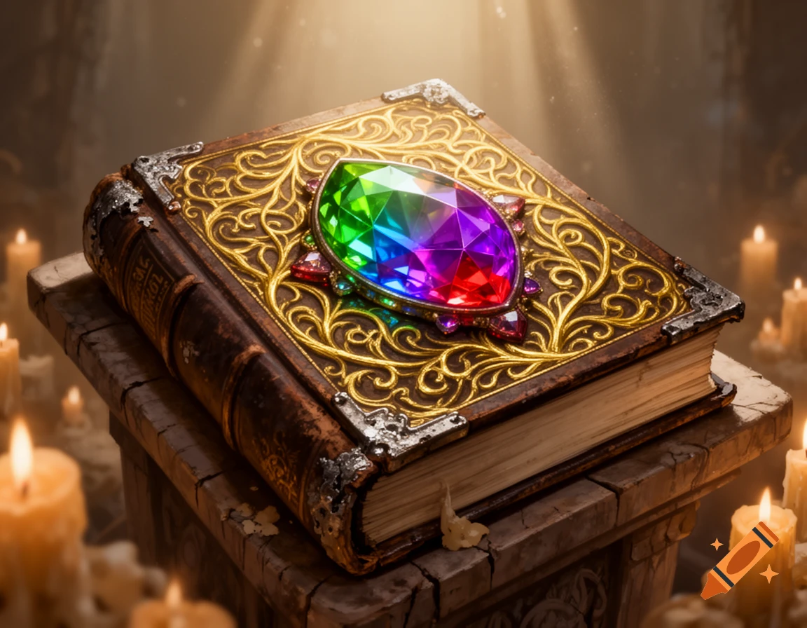 An ornate old book with a large, rainbow-faceted gem on its gold-filigreed cover, surrounded by glowing candles, in a fantasy setting.