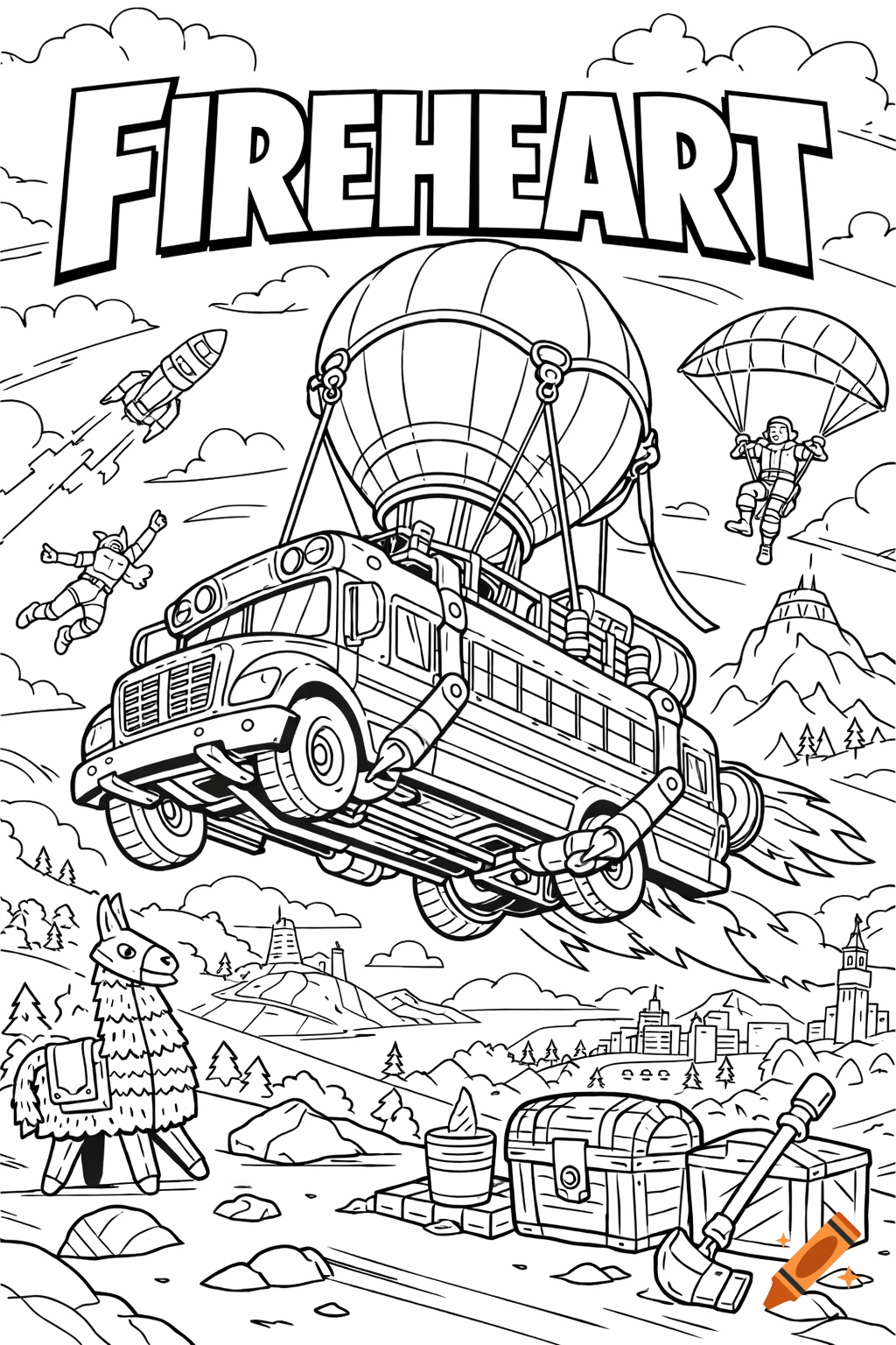 Black and white coloring page featuring a Fortnite Battle Bus flying over a landscape with characters, a llama, and a chest.