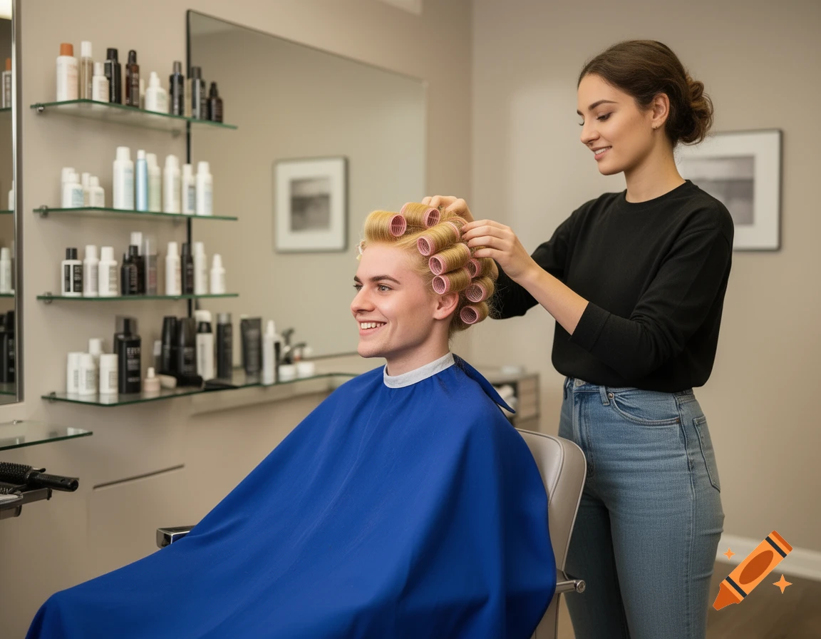 A beautician styles the hair of a person wearing a blue cape and curlers in a bright beauty salon.