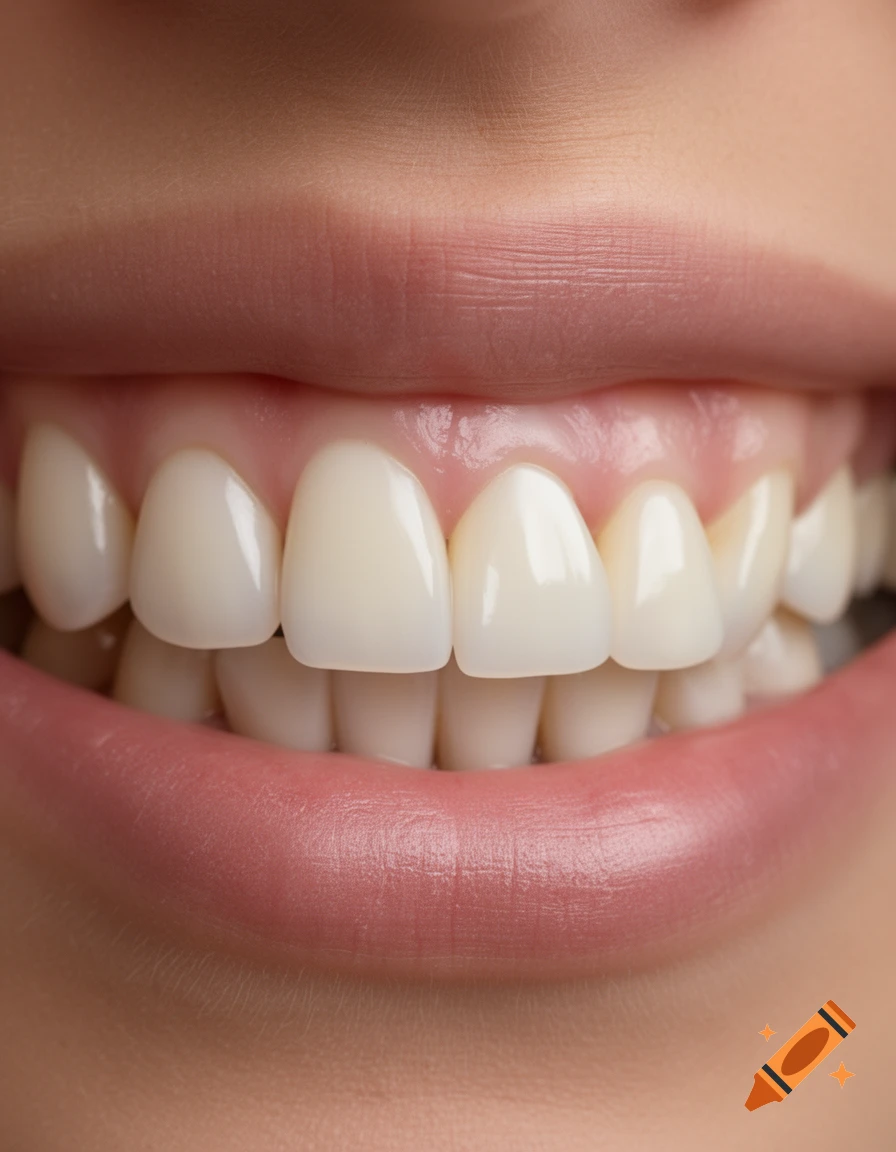 Close-up, photorealistic view of a person smiling, showing healthy white teeth and pink gums.