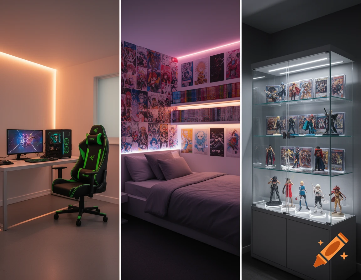 A triptych showing three themed room interiors: a clean gaming setup with a green Razer chair, a bedroom with a bed and walls covered in manga posters and books, and a glass display cabinet filled with anime figures and trading cards.