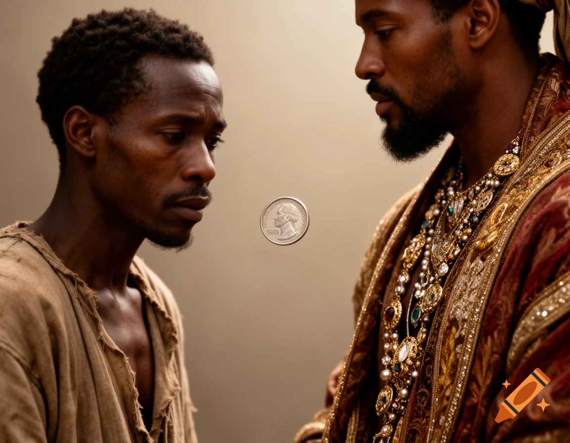 Photorealistic portrait of a poor man in rags and a richly dressed man looking at a floating coin between them.
