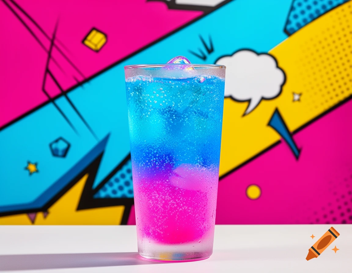 A vibrant blue and pink layered drink with ice in a glass against a colorful pop art background.