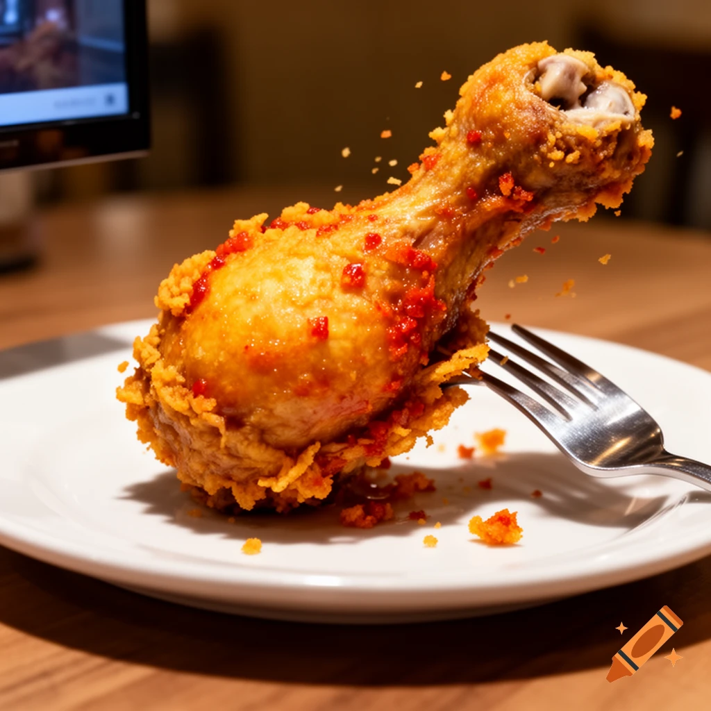 A crispy fried chicken drumstick covered in red flakes stands upright on a white plate with a fork stuck in its side.