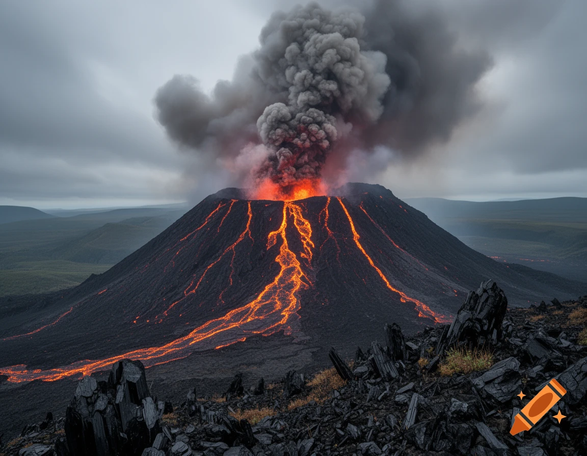 A photorealistic image of a volcano erupting, with bright orange lava flowing down its dark slopes and a large plume of smoke rising into a cloudy sky.