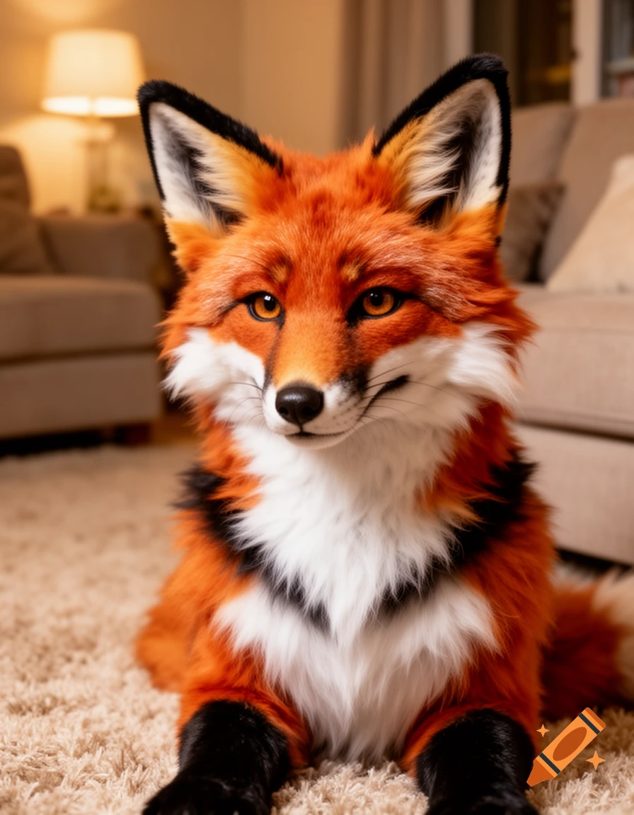 A detailed, realistic fox fursuit with orange, white, and black fur sitting on a light brown carpet indoors.