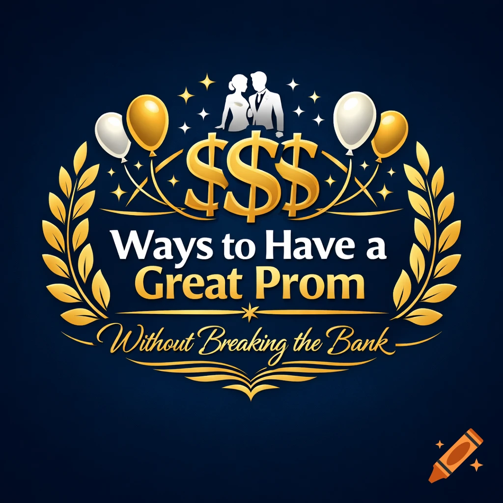 A gold and silver logo on a dark blue background, reading 'Ways to Have a Great Prom Without Breaking the Bank', with dollar signs, balloons, and a couple's silhouette.