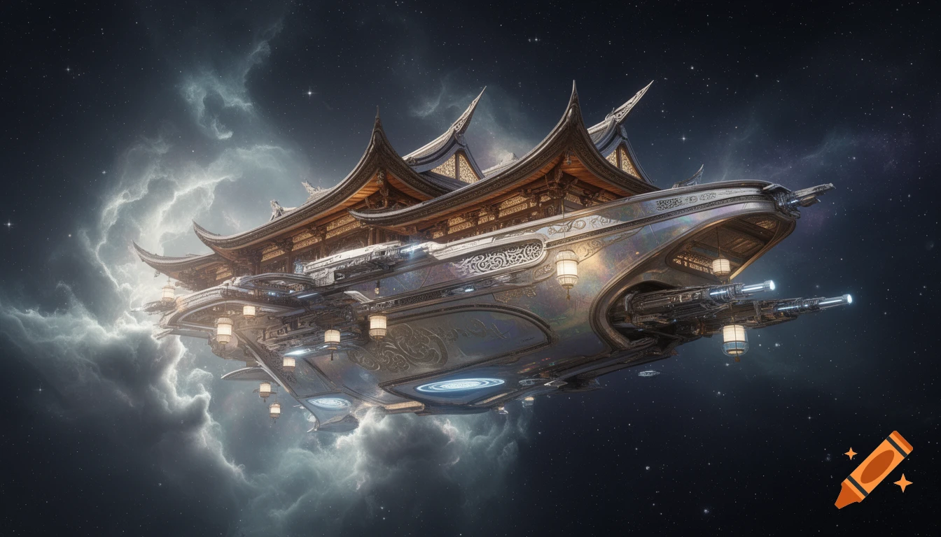 An ornate spaceship with ancient Asian pagoda-style architecture flies through a cosmic nebula filled with stars.