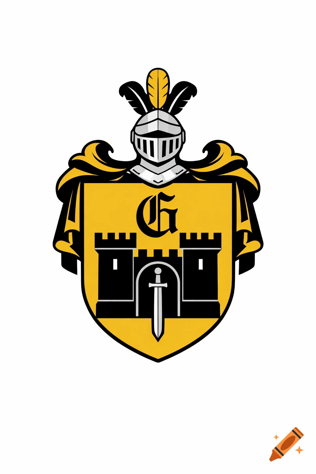 A vector-style coat of arms featuring a gold shield with a black castle, silver sword, and a gothic letter 'G', topped by a knight's helmet and black and gold feathers.